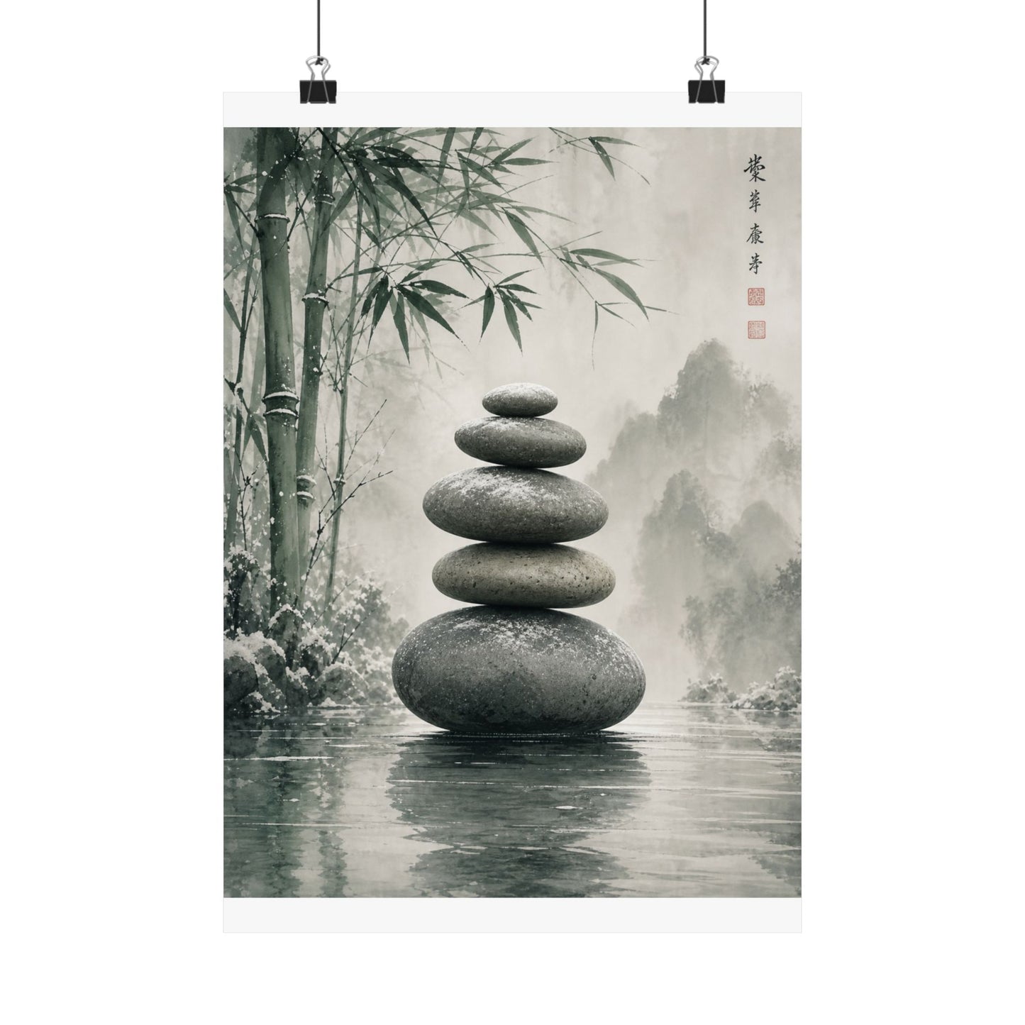 River Stones Sumi E Wall Art Print | Tranquil Zen Art