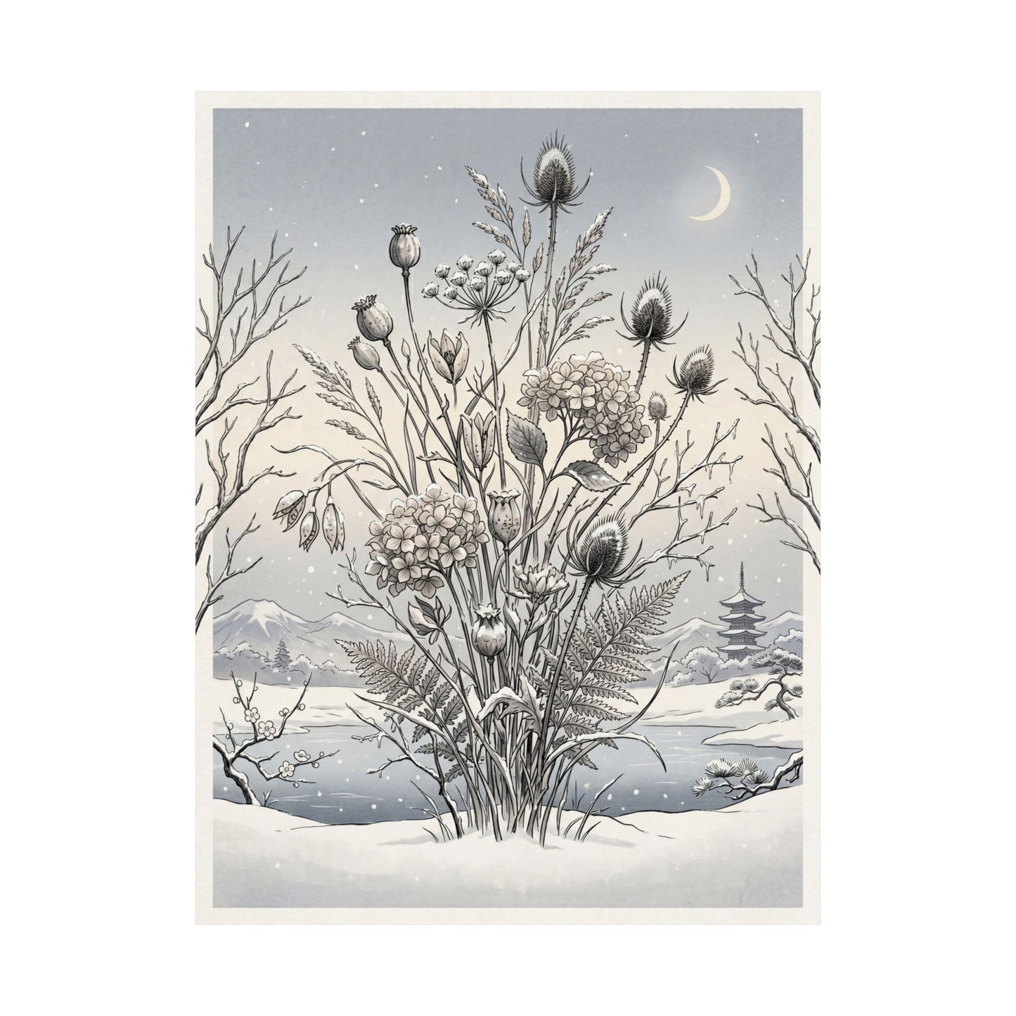Zen Dried Flowers in Dawn | Ukiyo E Inspired Wall Art Print