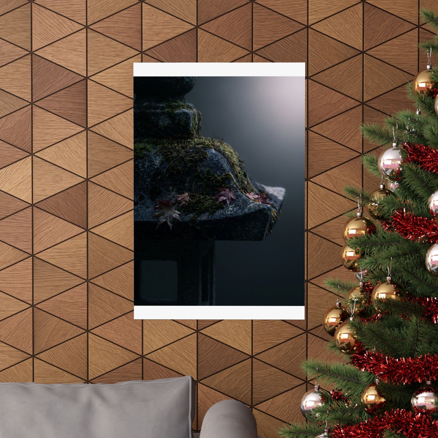 Stone Lantern Autumn Wall Art Print | Dark Japandi Sophisticated Design
