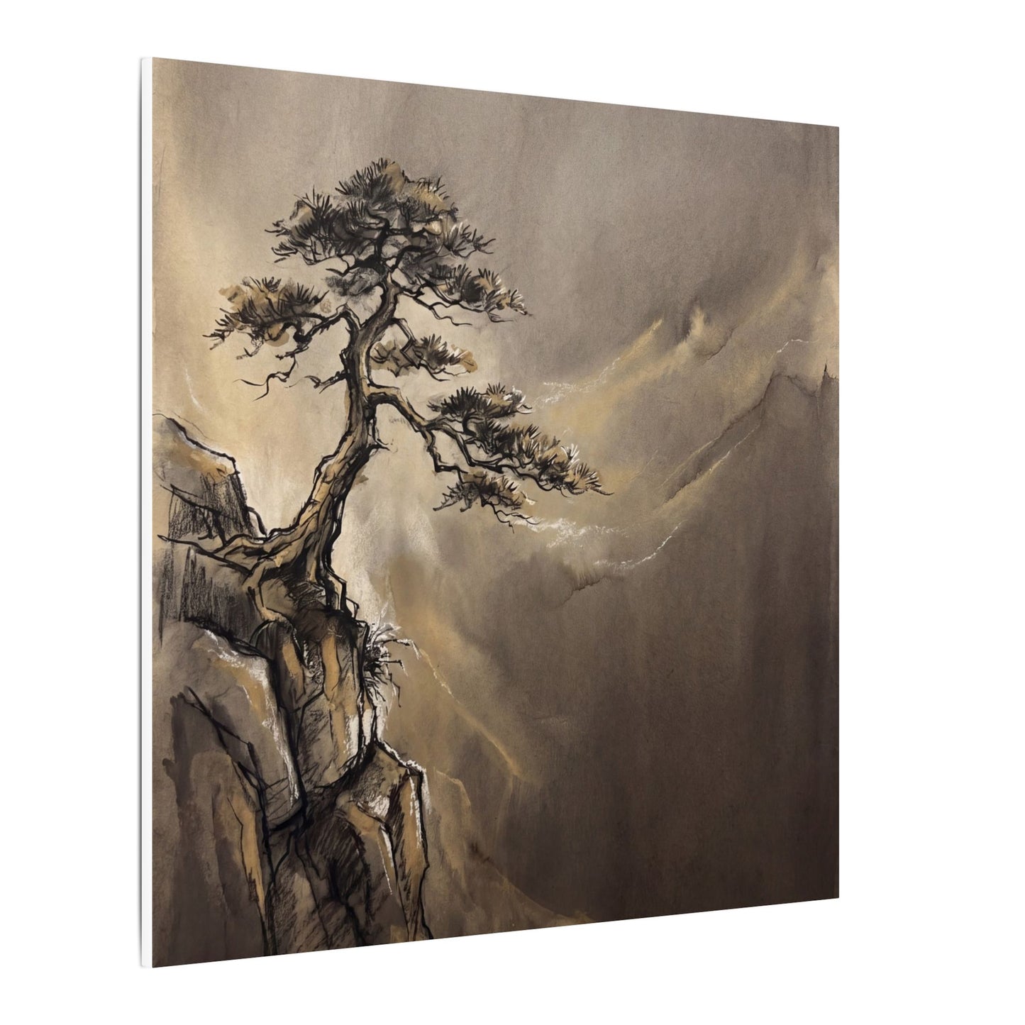 Pine Tree Charcoal Ink Canvas Art | Luxurious Dark Japandi Art