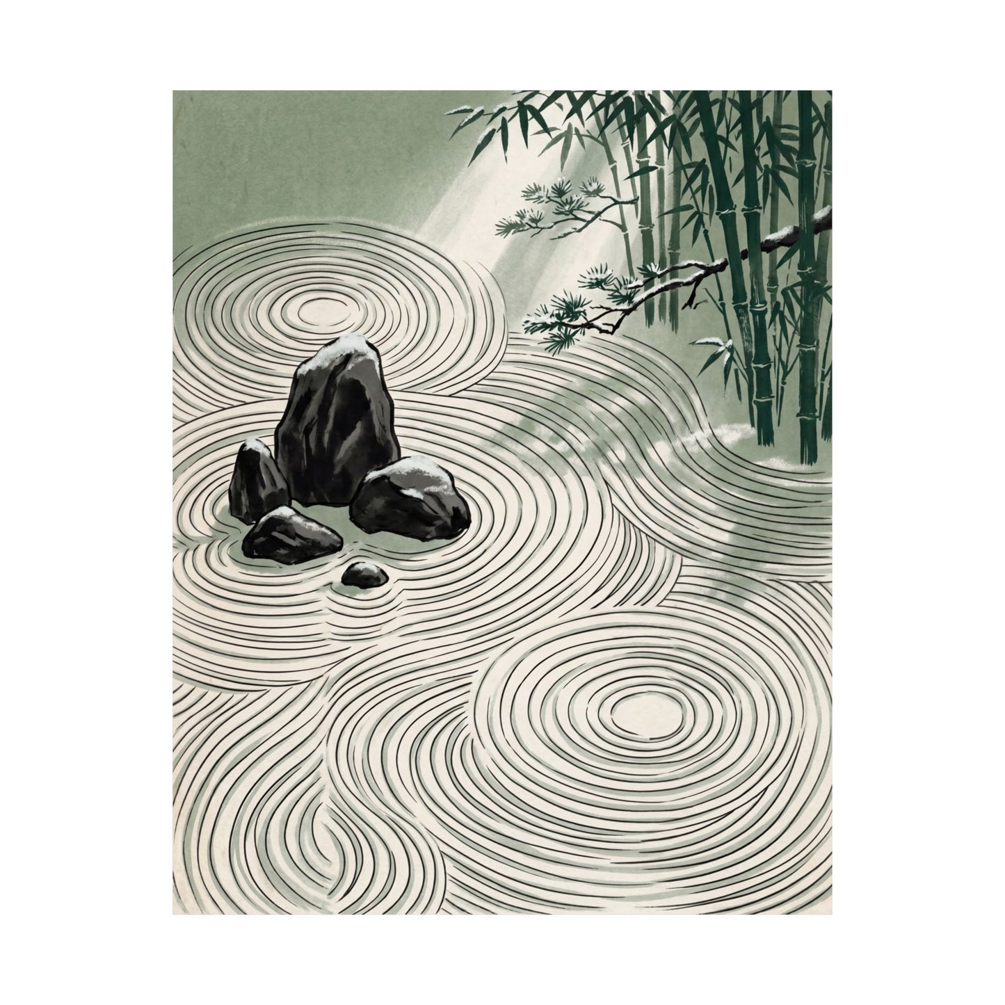 Winter Rock Garden Ukiyo E Inspired Wall Art Print | Calm Decor