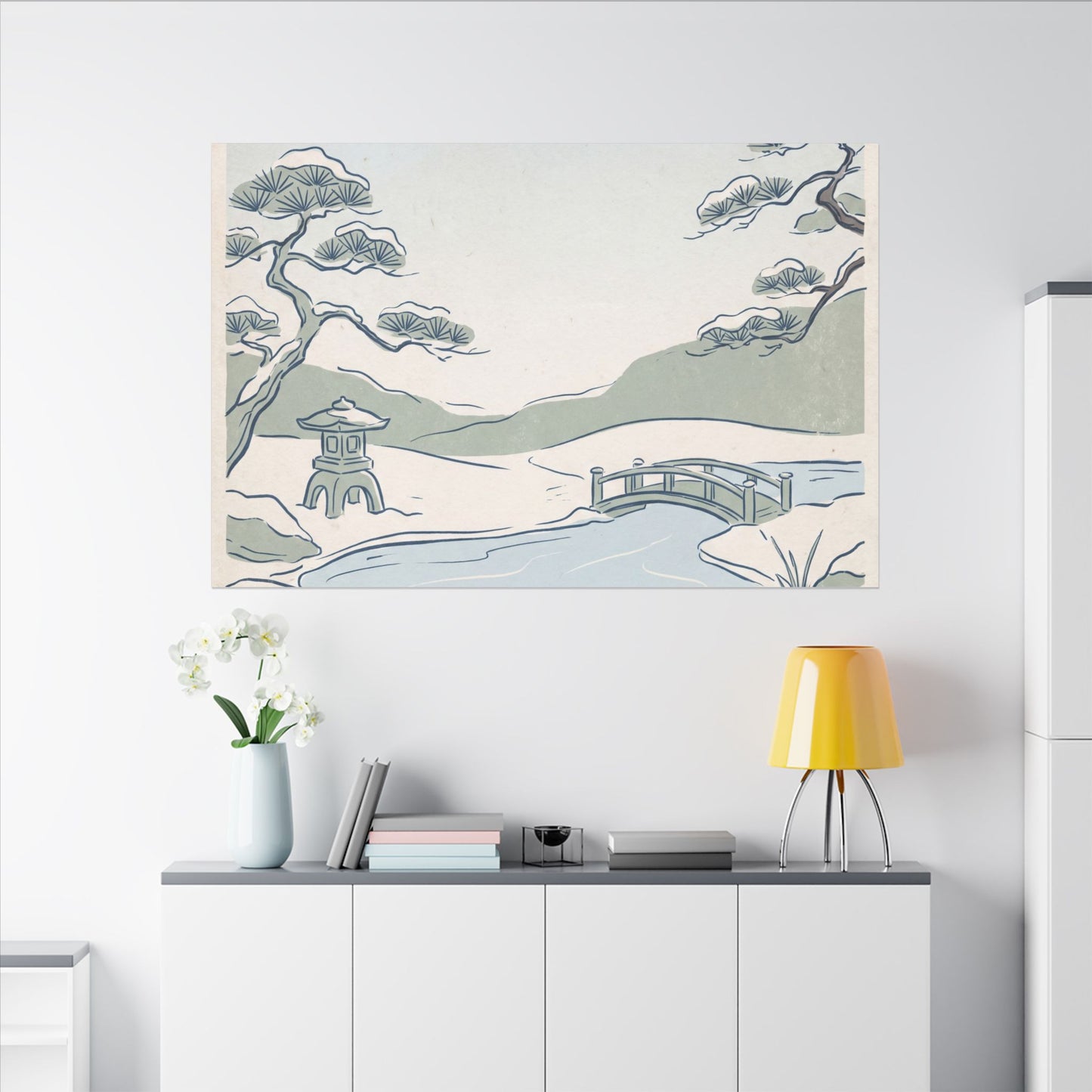 Japandi Moonlit Garden in Moonlight | Minimal Line Canvas Art