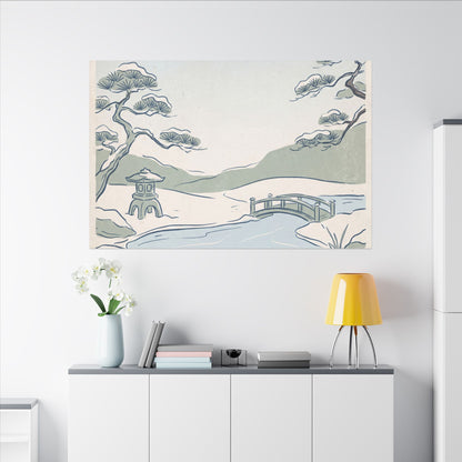 Japandi Moonlit Garden in Moonlight | Minimal Line Canvas Art