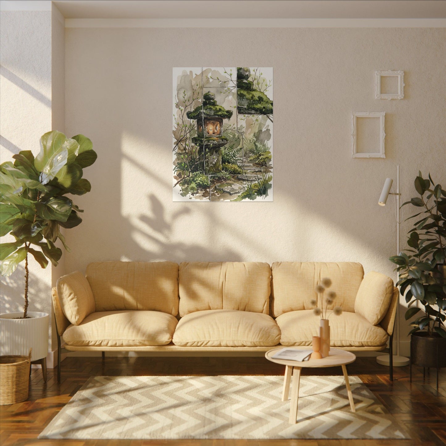 Stone Lantern Watercolor Canvas Art | Elegant Japandi Art