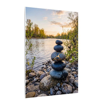 Kintsugi River Stones in Golden Hour | Gold Vein Canvas Art