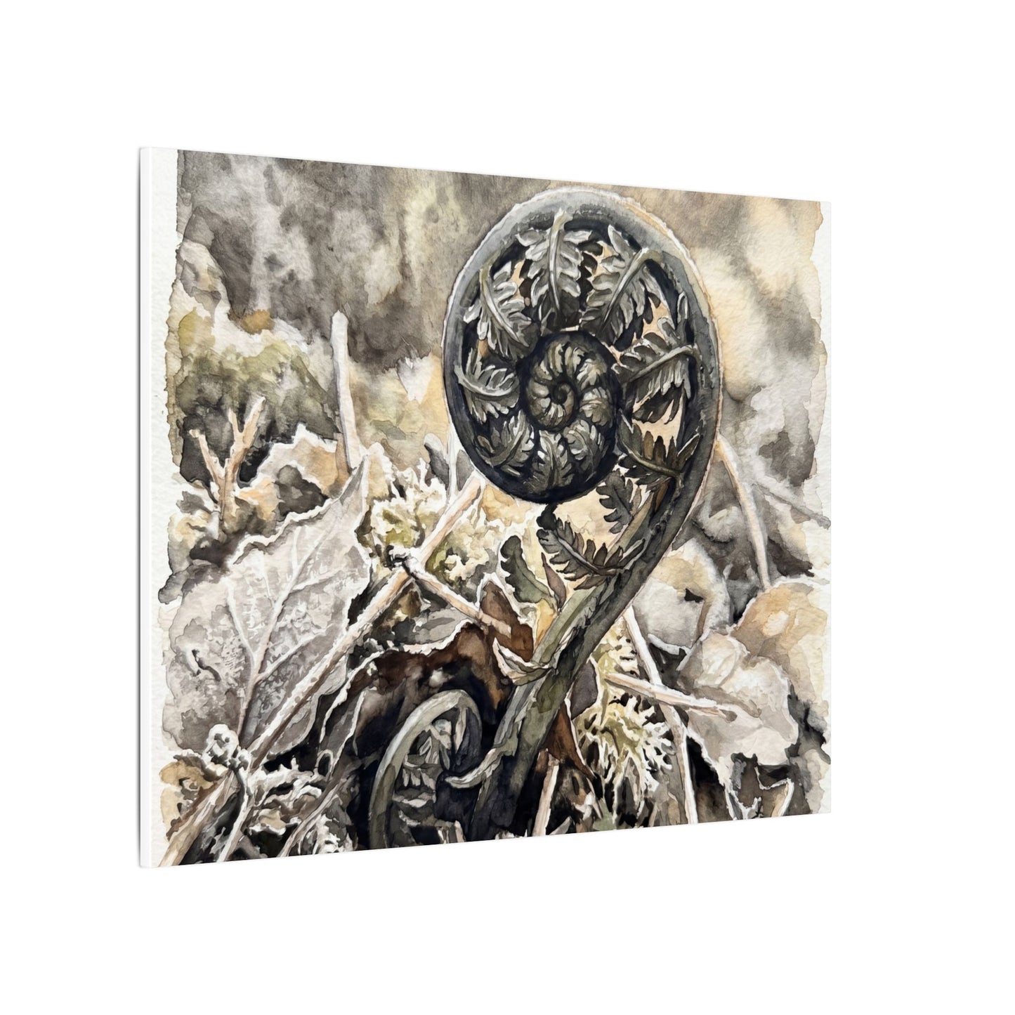 Japandi Fern Unfurling in Golden Hour | Watercolor Canvas Art