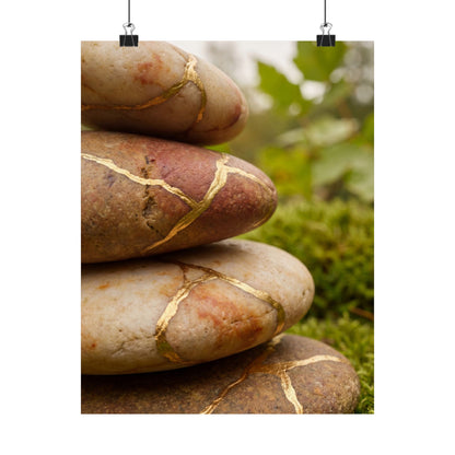 River Stones Wall Art Print | Summer Kintsugi Crackle Gold Art