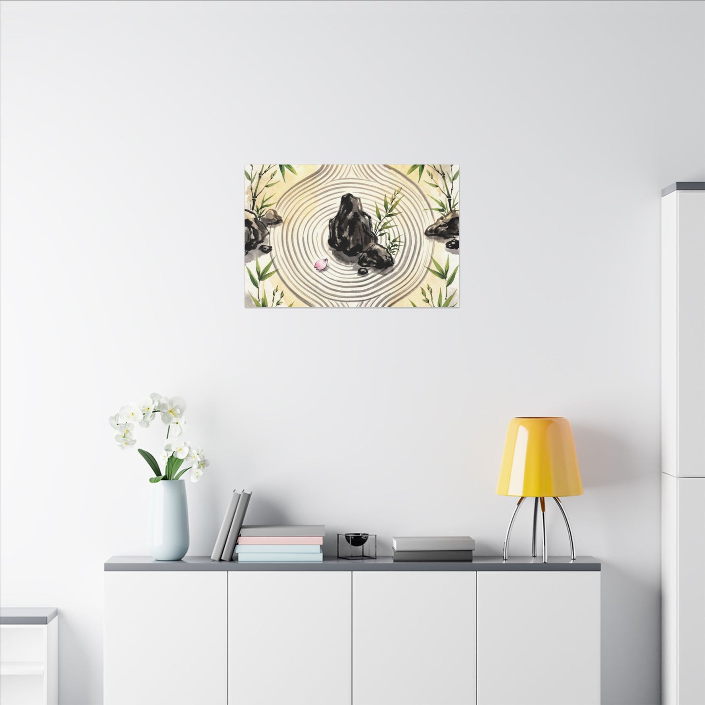 Zen Rock Garden in Golden Hour | Sumi E Canvas Art