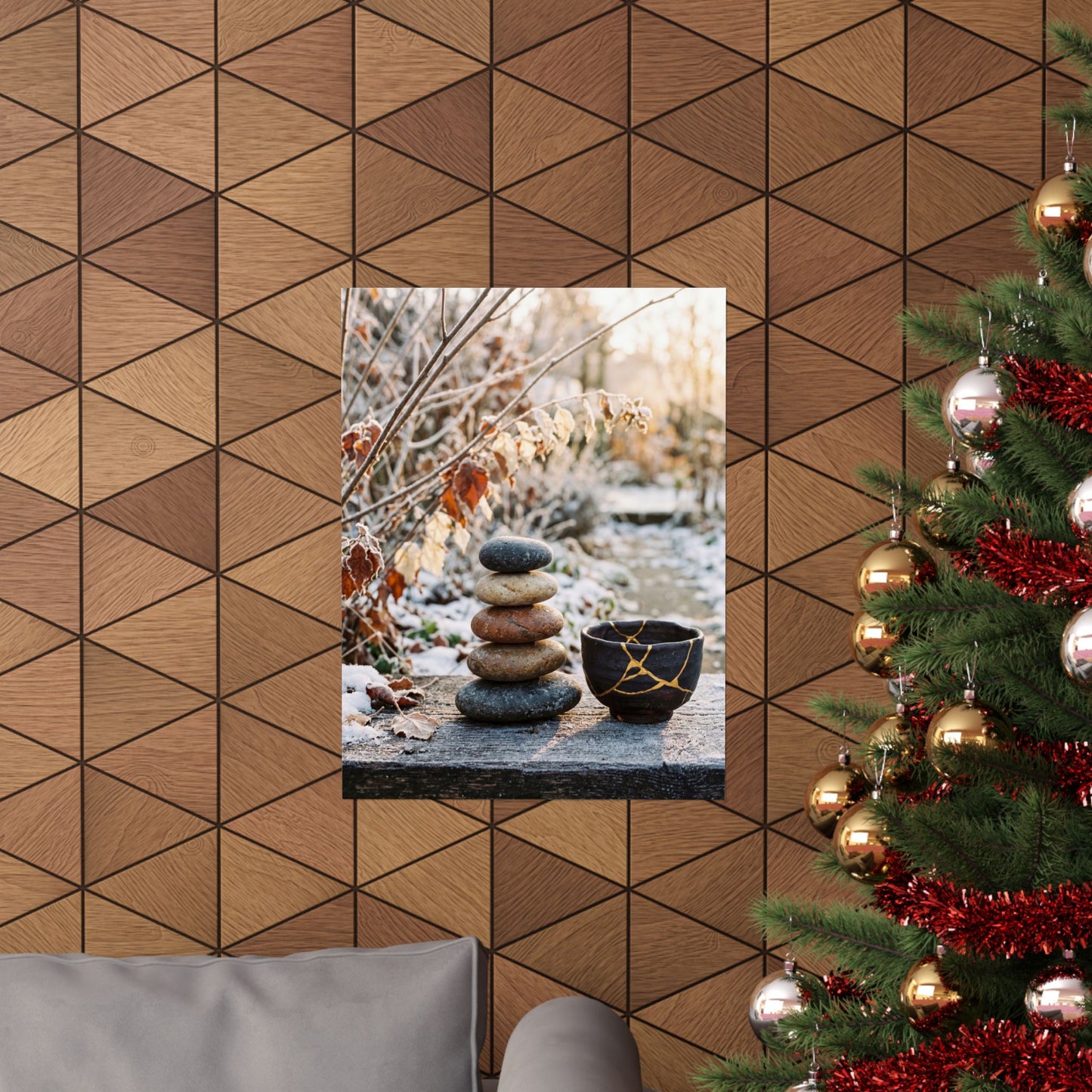Winter River Stones Gold Repair Wall Art Print | Healing Decor