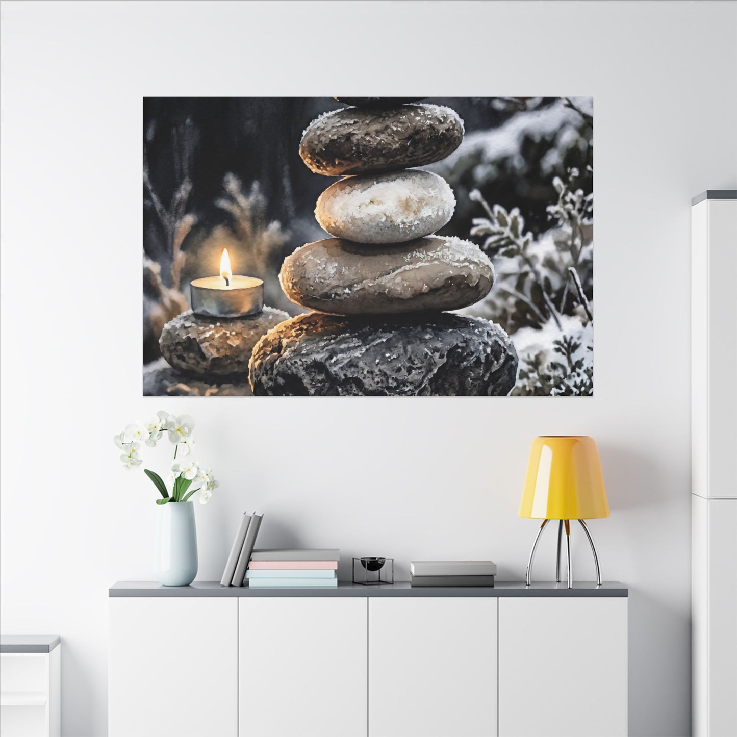 River Stones Canvas Art | Winter Japandi Watercolor Art