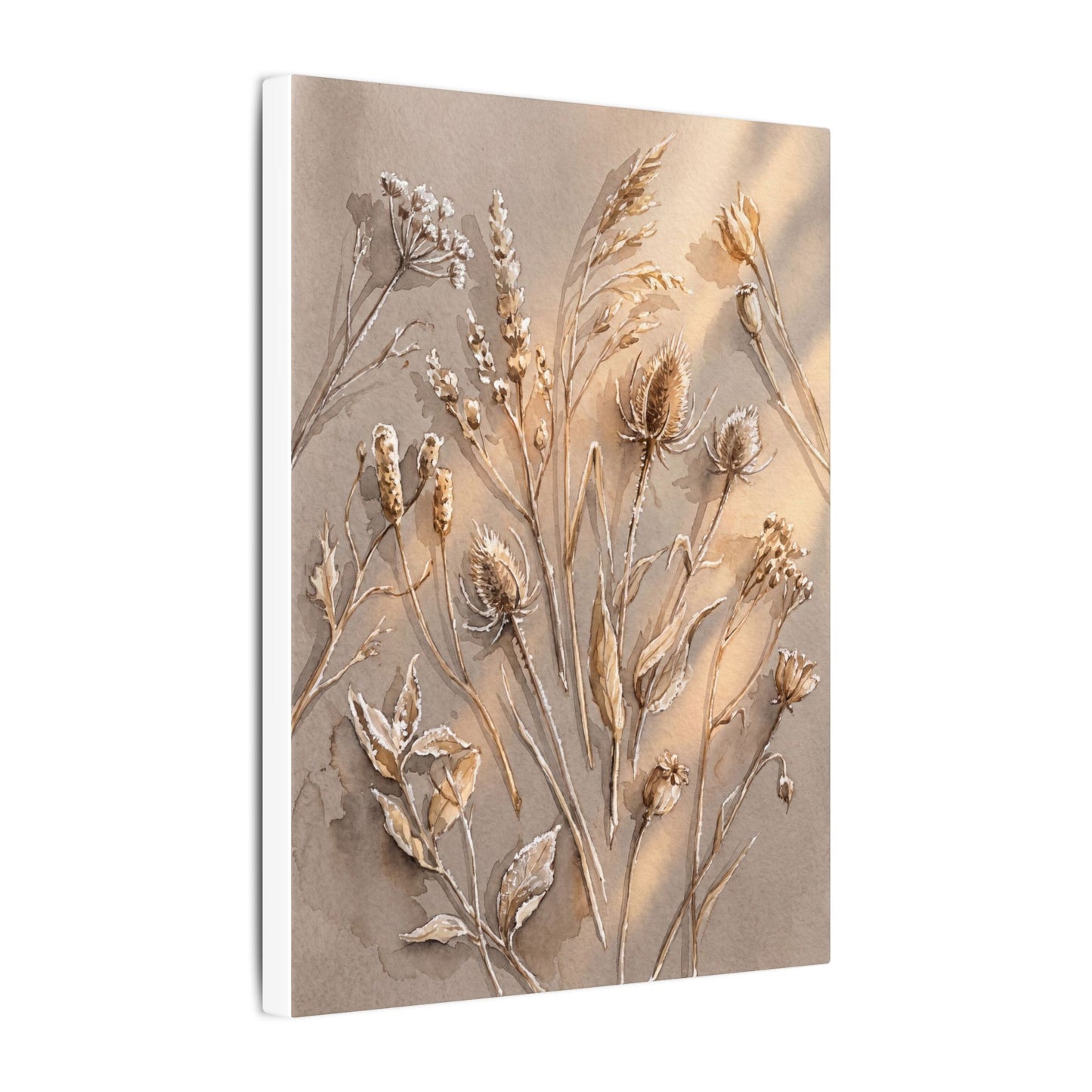 Japandi Dried Flowers in Golden Hour | Watercolor Canvas Art