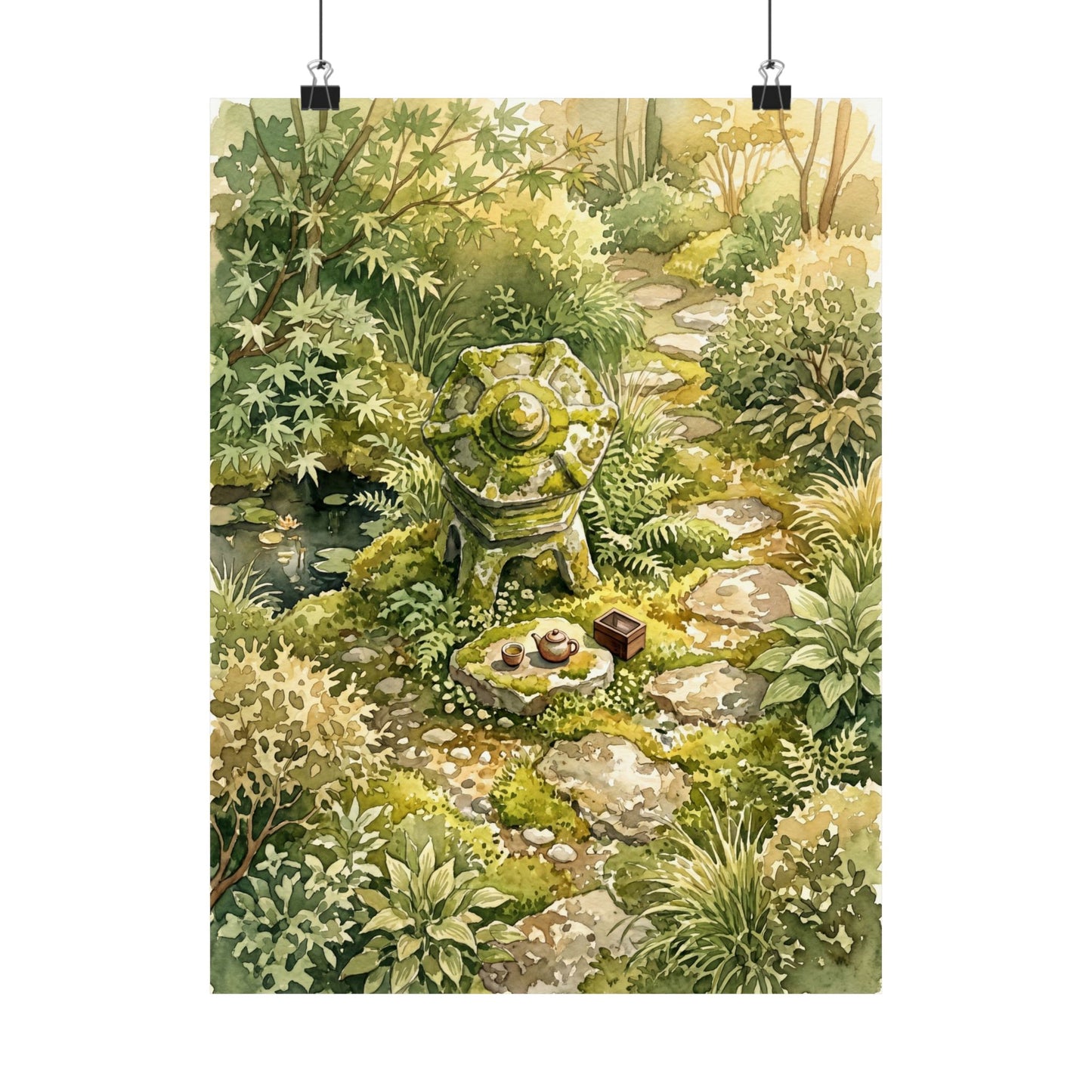 Japandi Stone Lantern in Golden Hour | Watercolor Wall Art Print