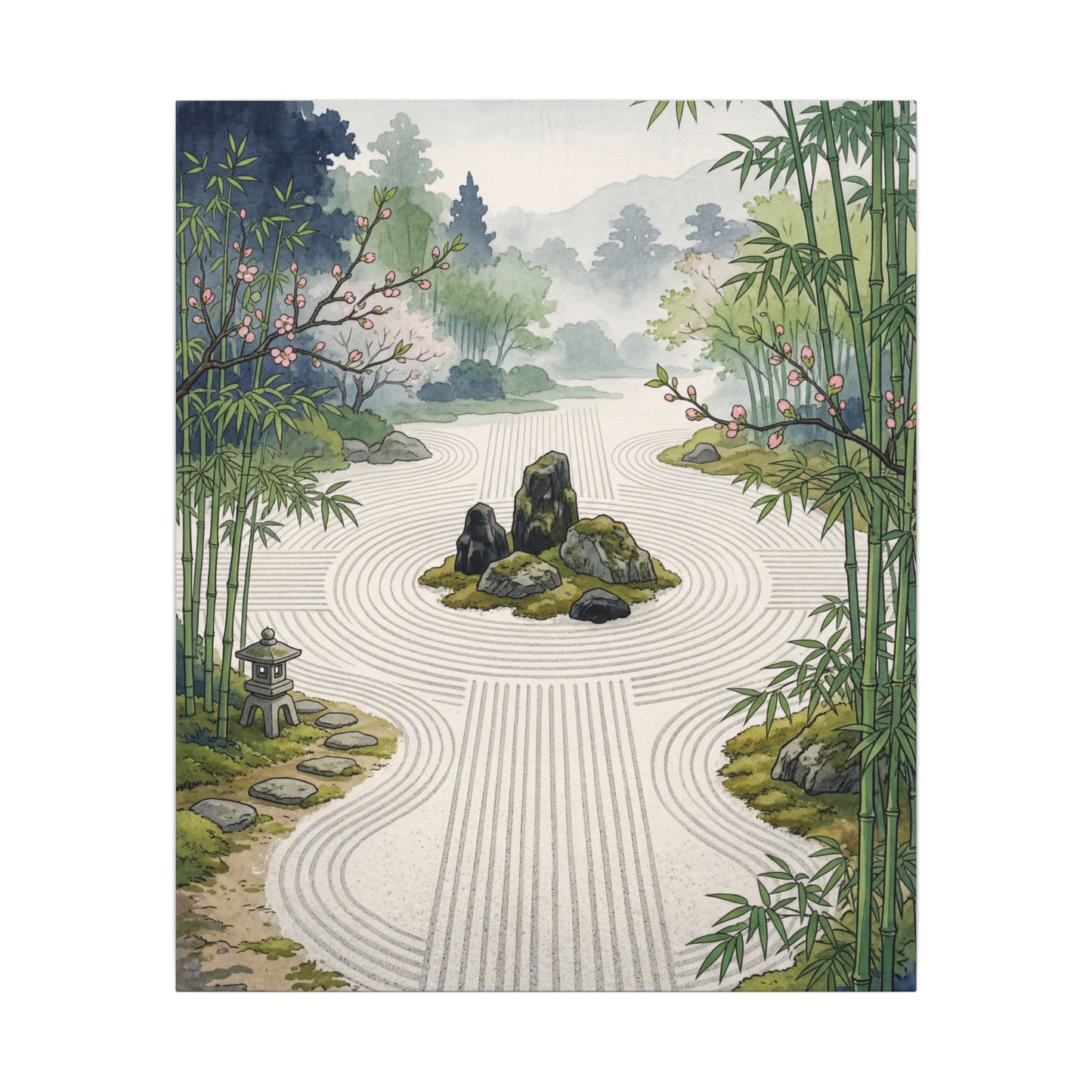 Rock Garden Ukiyo E Inspired Canvas Art | Contemplative Zen Art