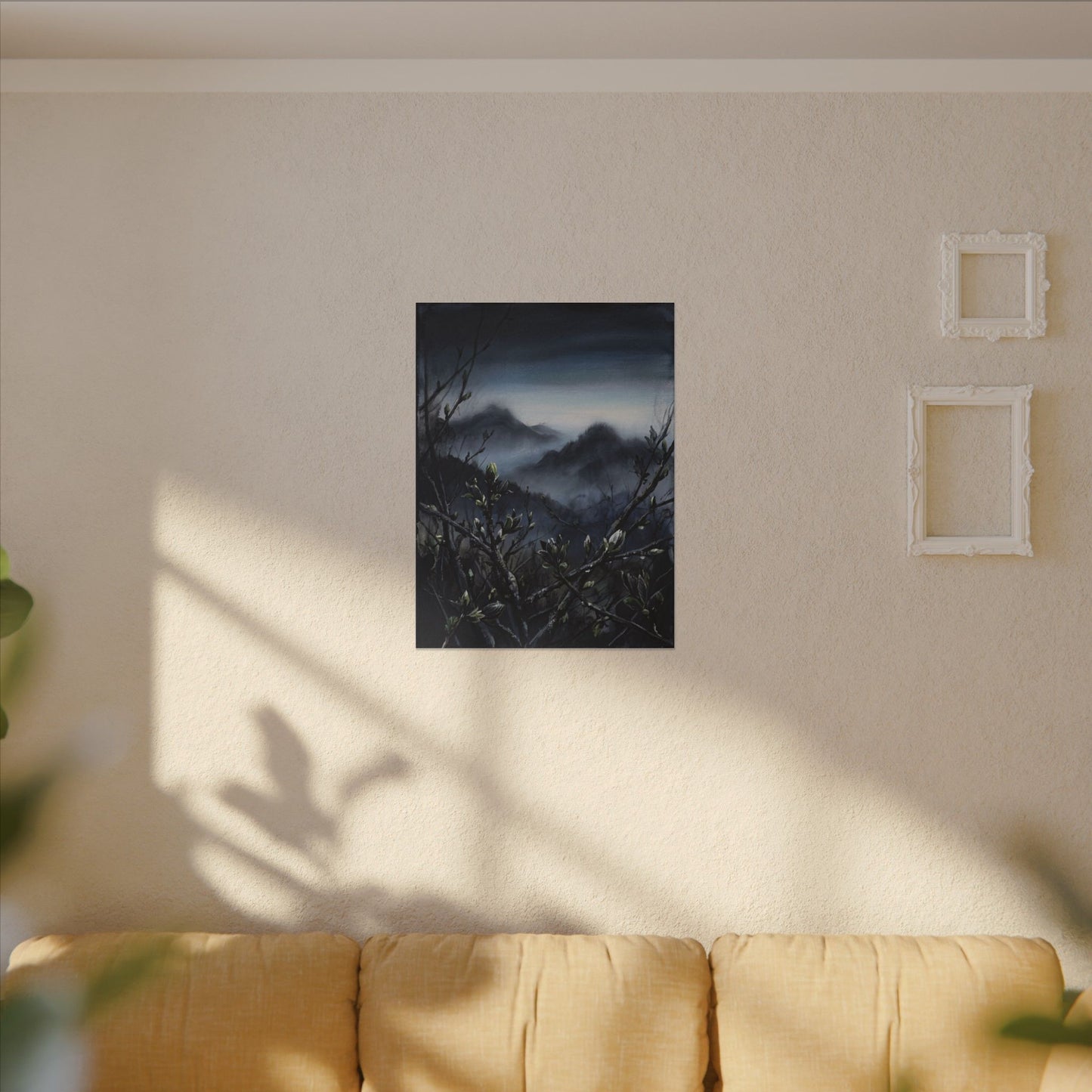 Mountain Mist Spring Canvas Art | Dark Japandi Atmospheric Design