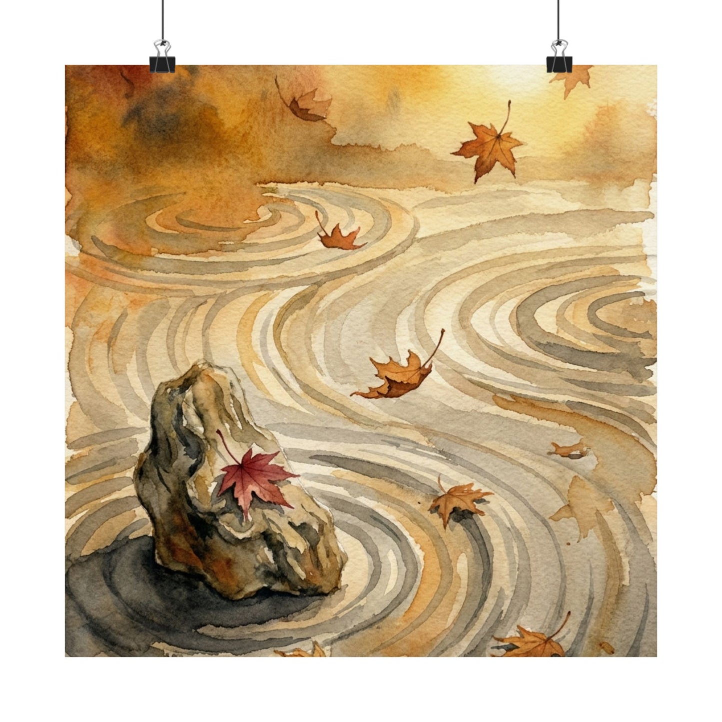 Japandi Rock Garden in Golden Hour | Watercolor Wall Art Print