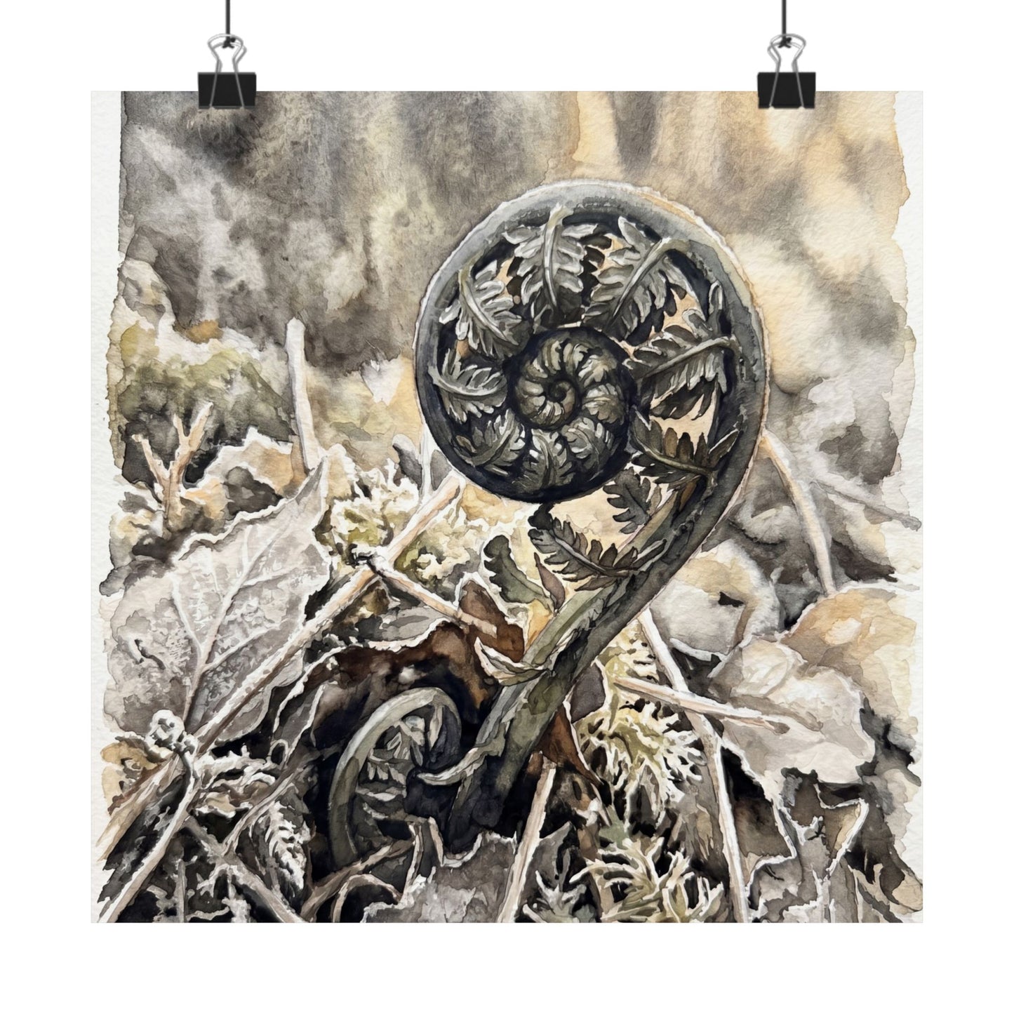 Japandi Fern Unfurling in Golden Hour | Watercolor Wall Art Print