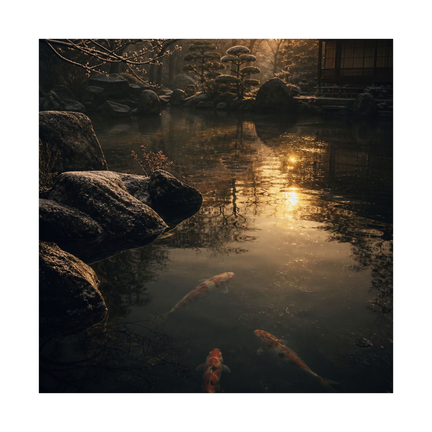 Dark Japandi Koi Pond in Golden Hour | Shadow Zen Wall Art Print