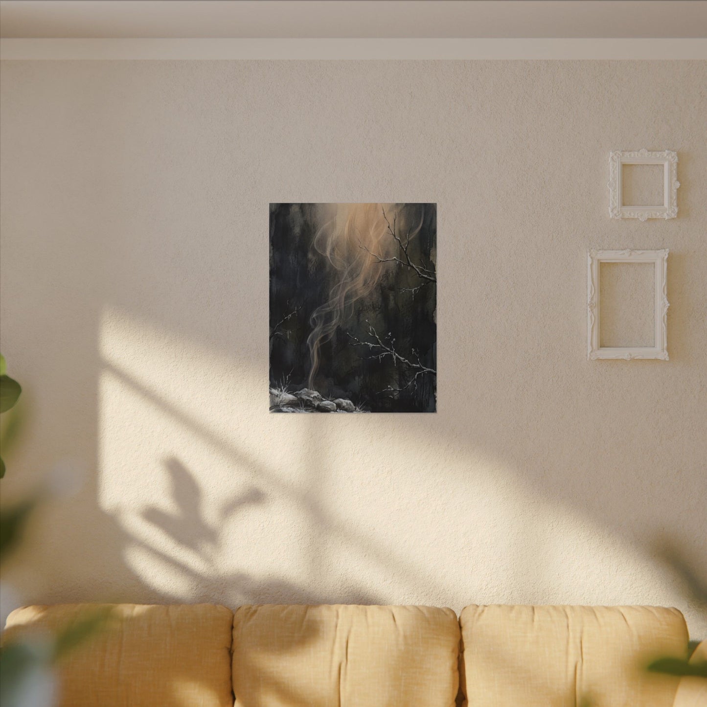 Incense Smoke Winter Canvas Art | Dark Japandi Moody Design