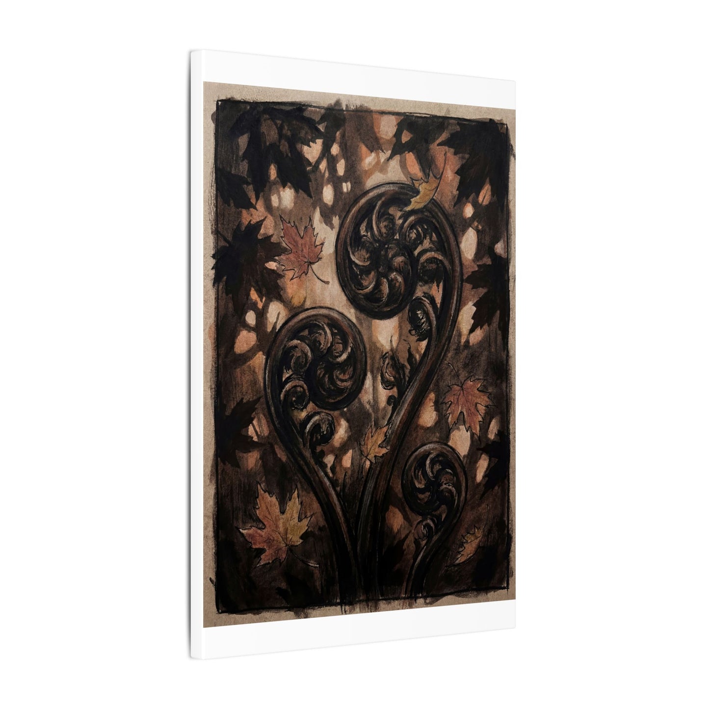 Mono No Aware Fern Unfurling Canvas Art - Dark Japandi Charcoal Ink