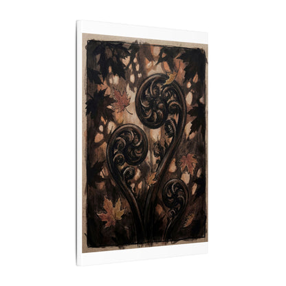 Mono No Aware Fern Unfurling Canvas Art - Dark Japandi Charcoal Ink