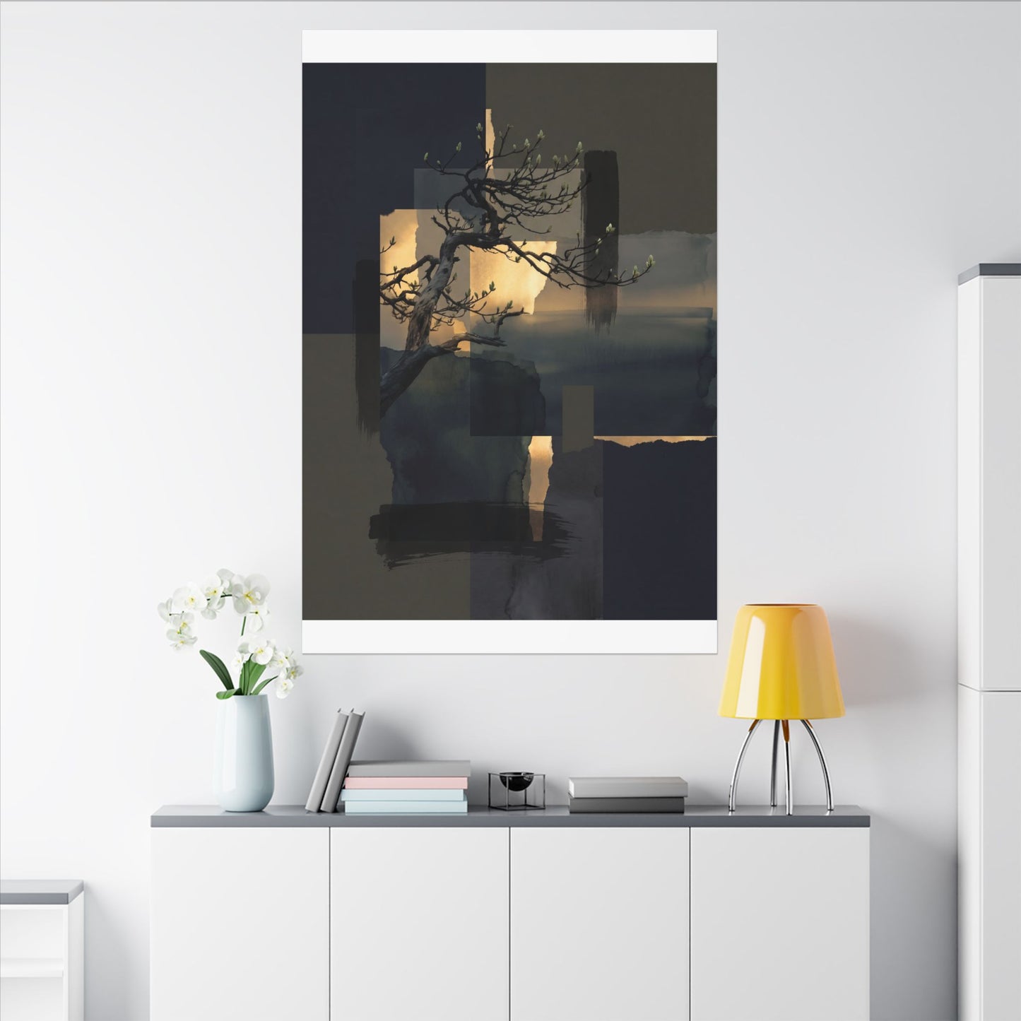 Golden Hour Pine Tree Canvas Art - Dark Japandi Kanso