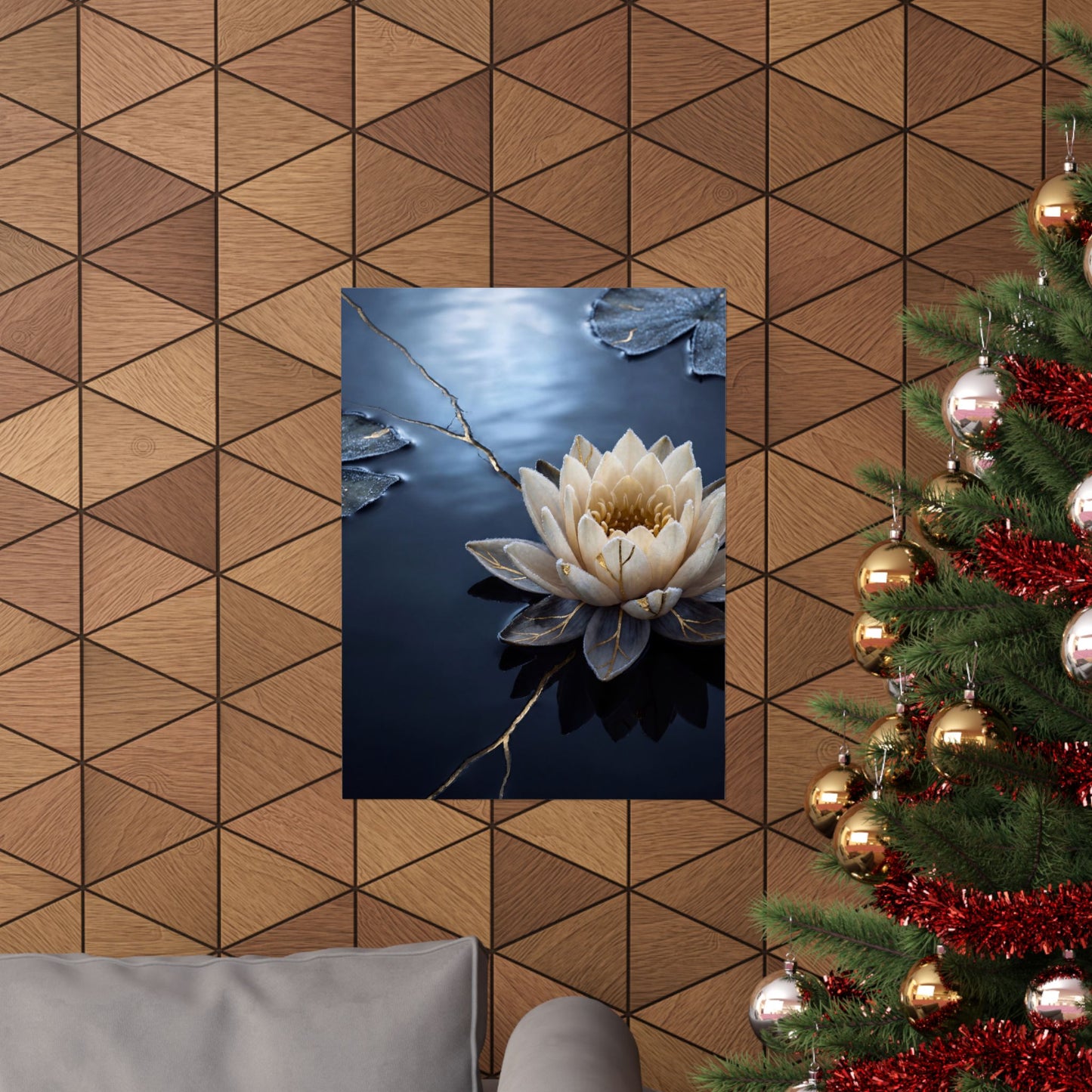 Winter Lotus Flower Gold Vein Wall Art Print | Resilient Decor