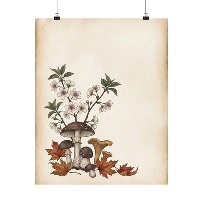 Autumn Cherry Blossom Mushroom Illustration Wall Art Print | Enchanting Decor