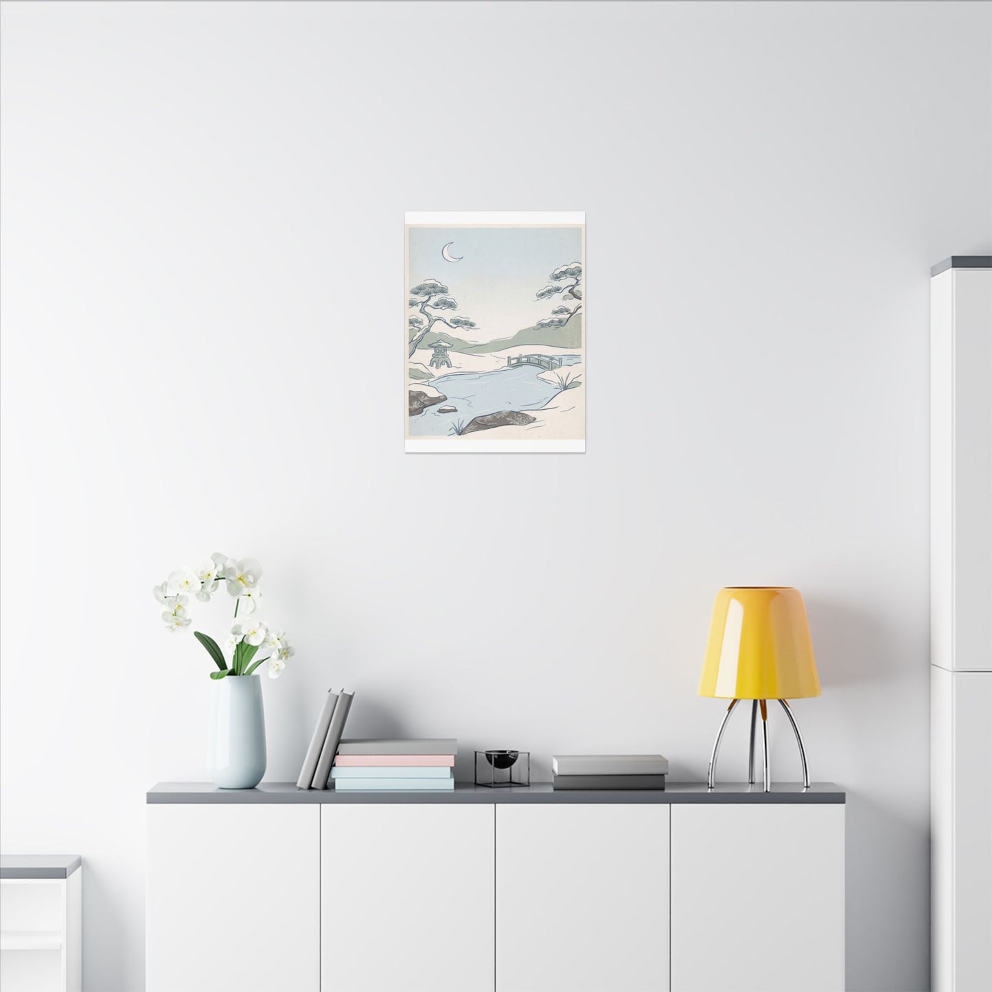 Japandi Moonlit Garden in Moonlight | Minimal Line Canvas Art