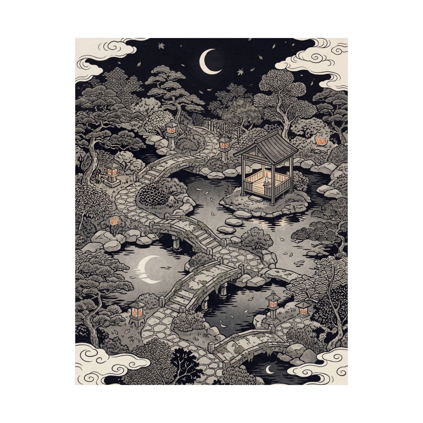 Summer Moonlit Garden Ukiyo E Inspired Wall Art Print | Serene Decor