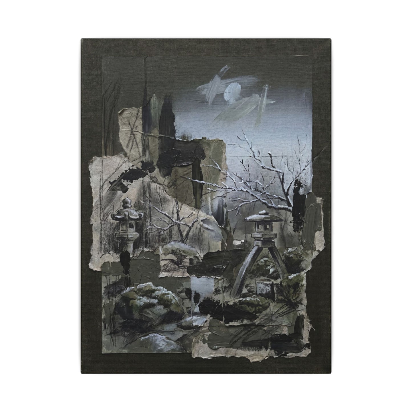 Winter Moonlit Garden Dark Texture Canvas Art | Moody Decor