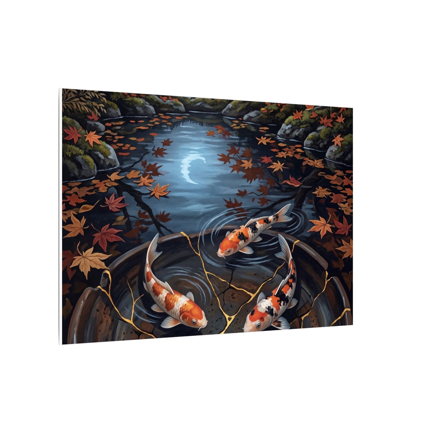 Koi Pond Canvas Art | Autumn Kintsugi Gold Repair Art