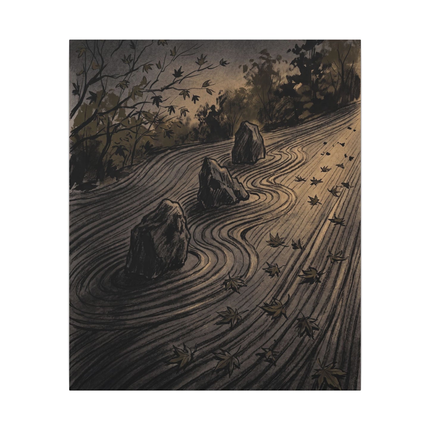 Rock Garden Canvas Art | Autumn Dark Japandi Charcoal Ink Art