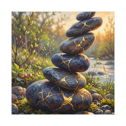 Spring River Stones Gold Repair Canvas Art | Healing Decor