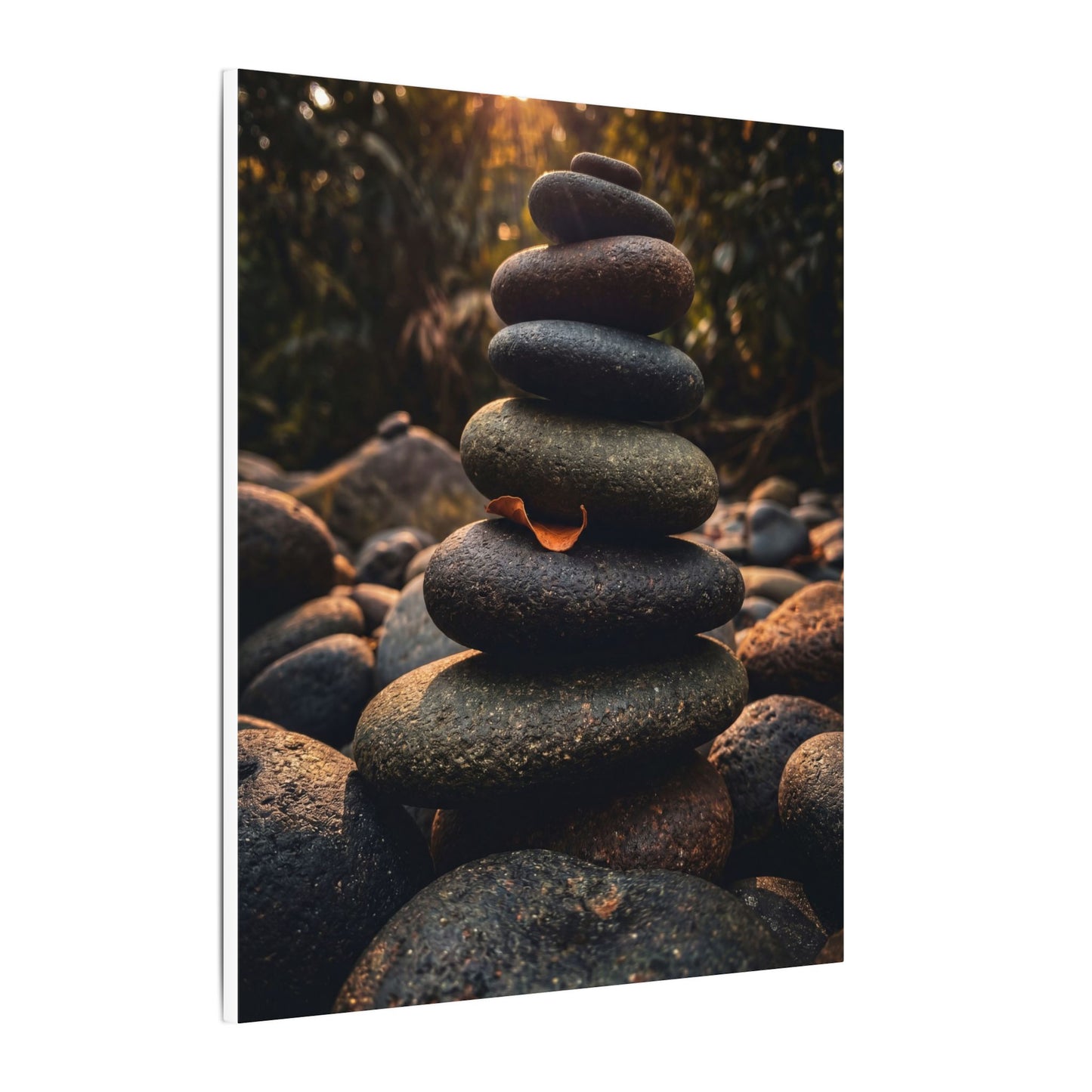 Dark Japandi River Stones in Golden Hour | Moody Minimal Canvas Art
