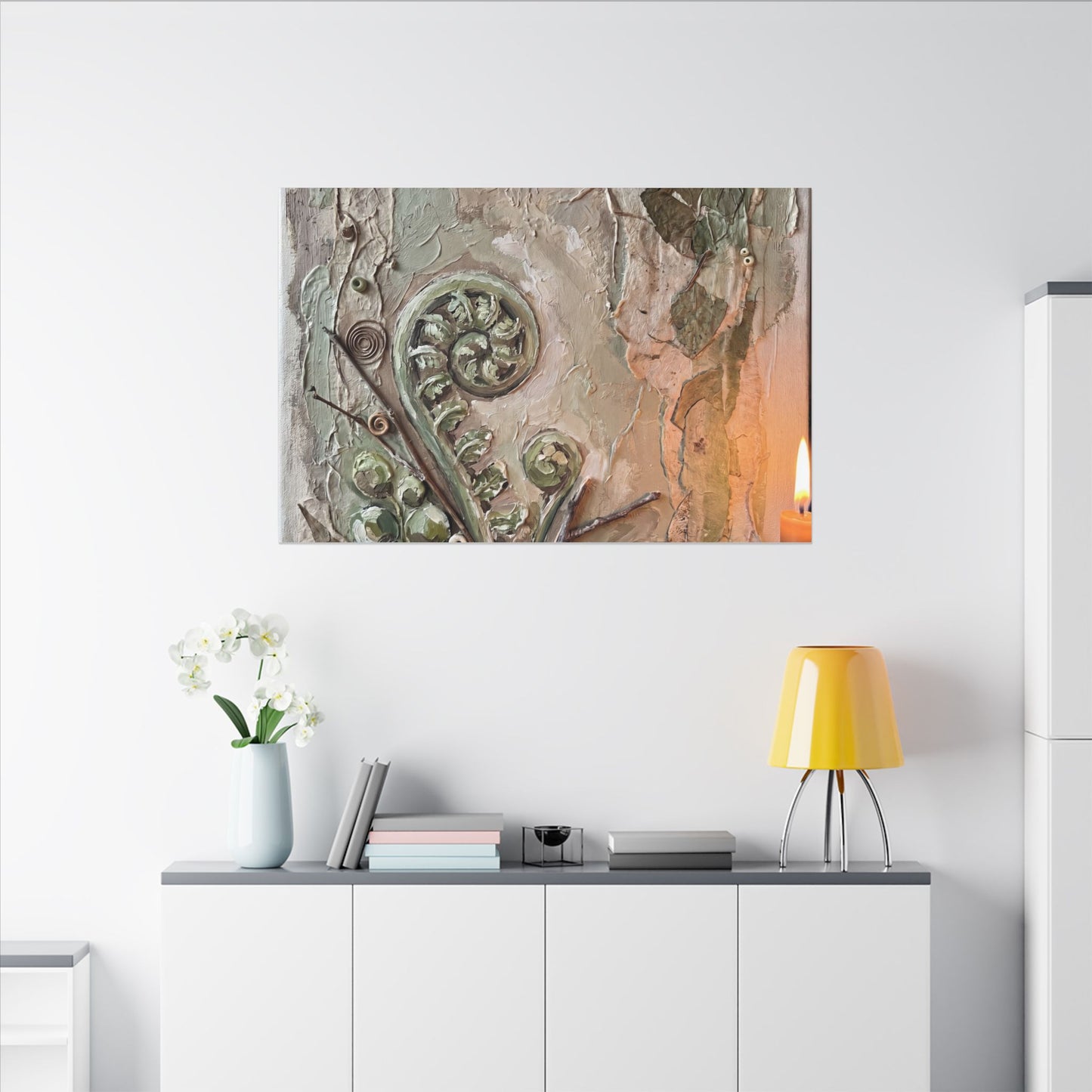 Japandi Fern Unfurling in Candlelight | Texture Canvas Art