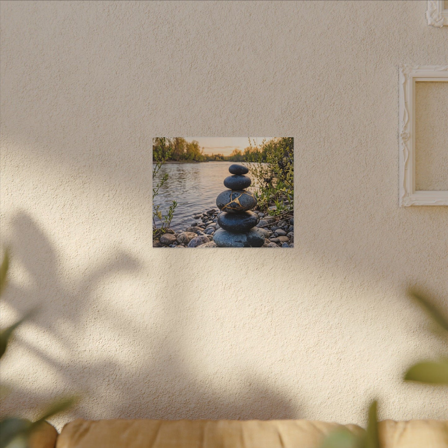 Kintsugi River Stones in Golden Hour | Gold Vein Canvas Art