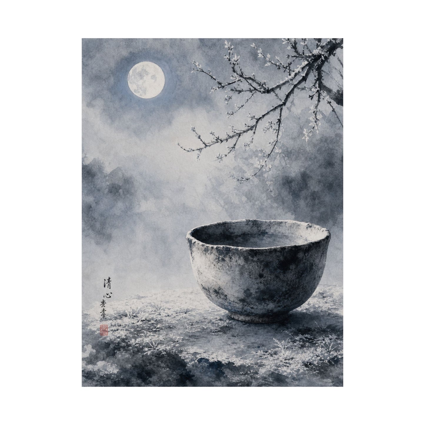 Winter Ceramic Bowl Sumi E Wall Art Print | Tranquil Decor