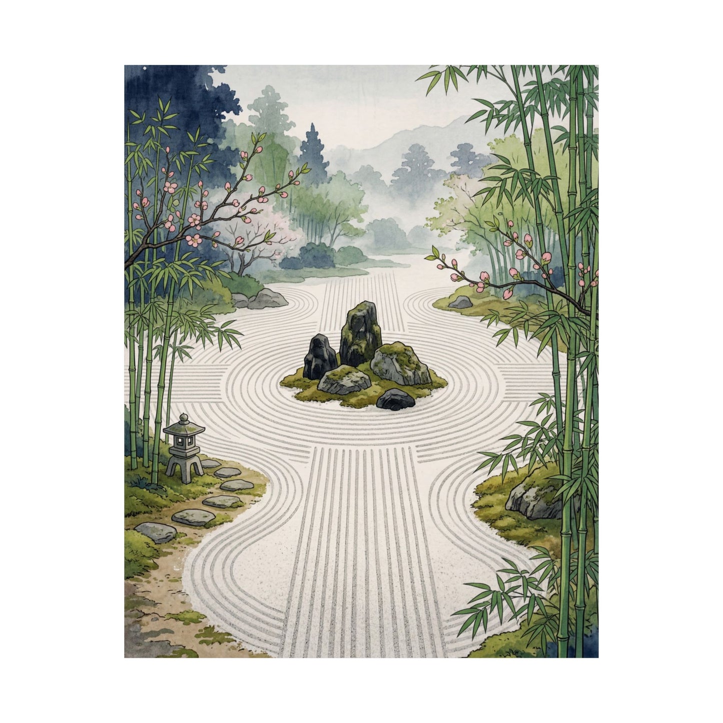 Tranquil Rock Garden Wall Art Print - Ukiyo E Inspired Zen