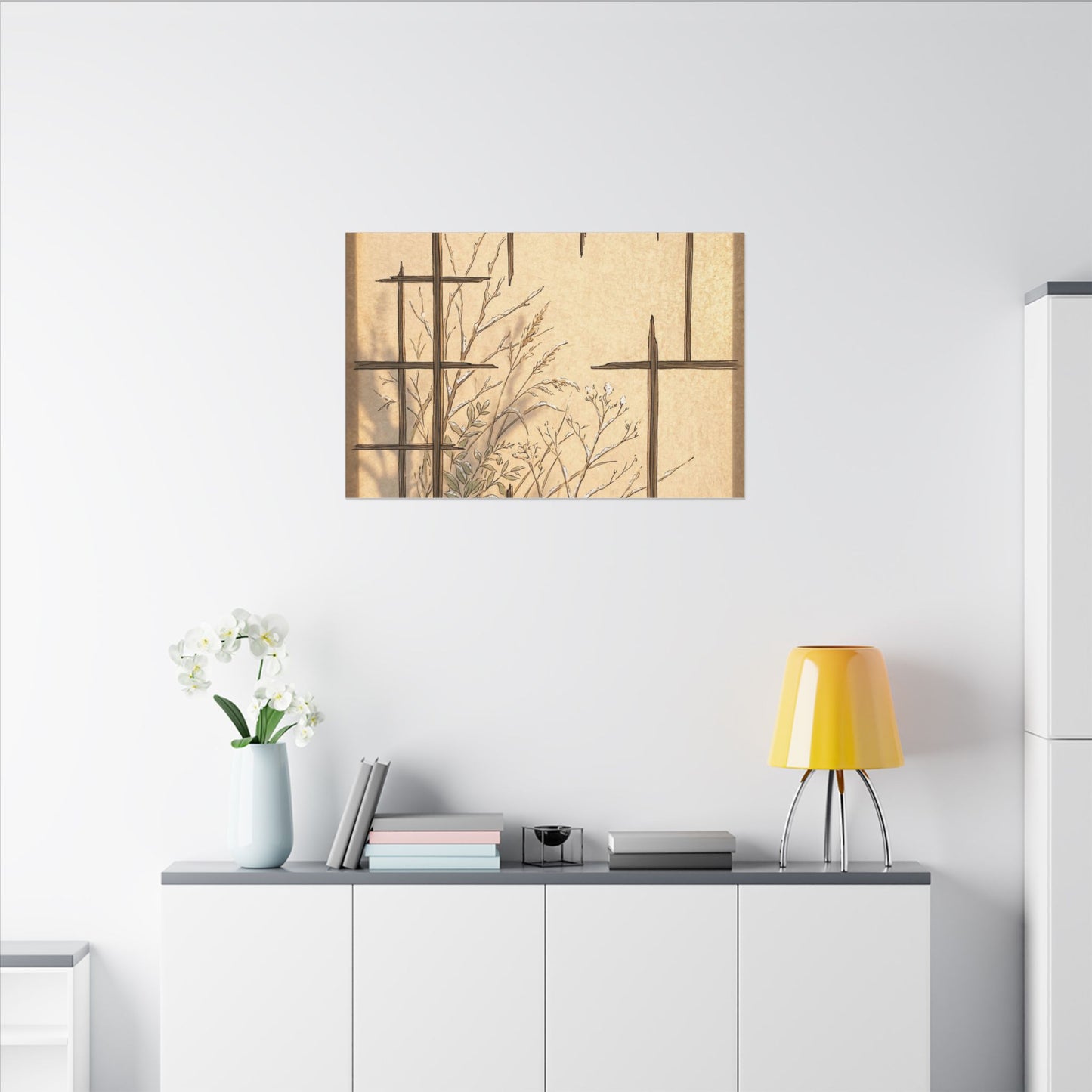 Shoji Screen Canvas Art | Winter Japandi Minimal Line Art
