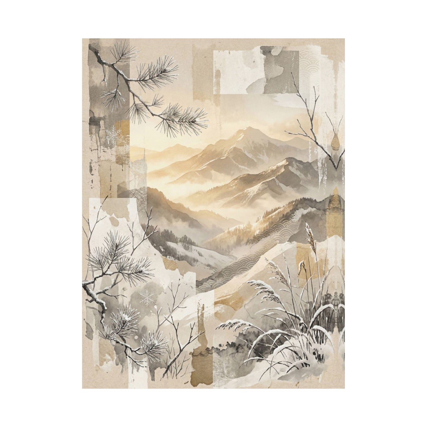 Mountain Mist Japanese Pattern Wall Art Print | Earthy Japandi Art