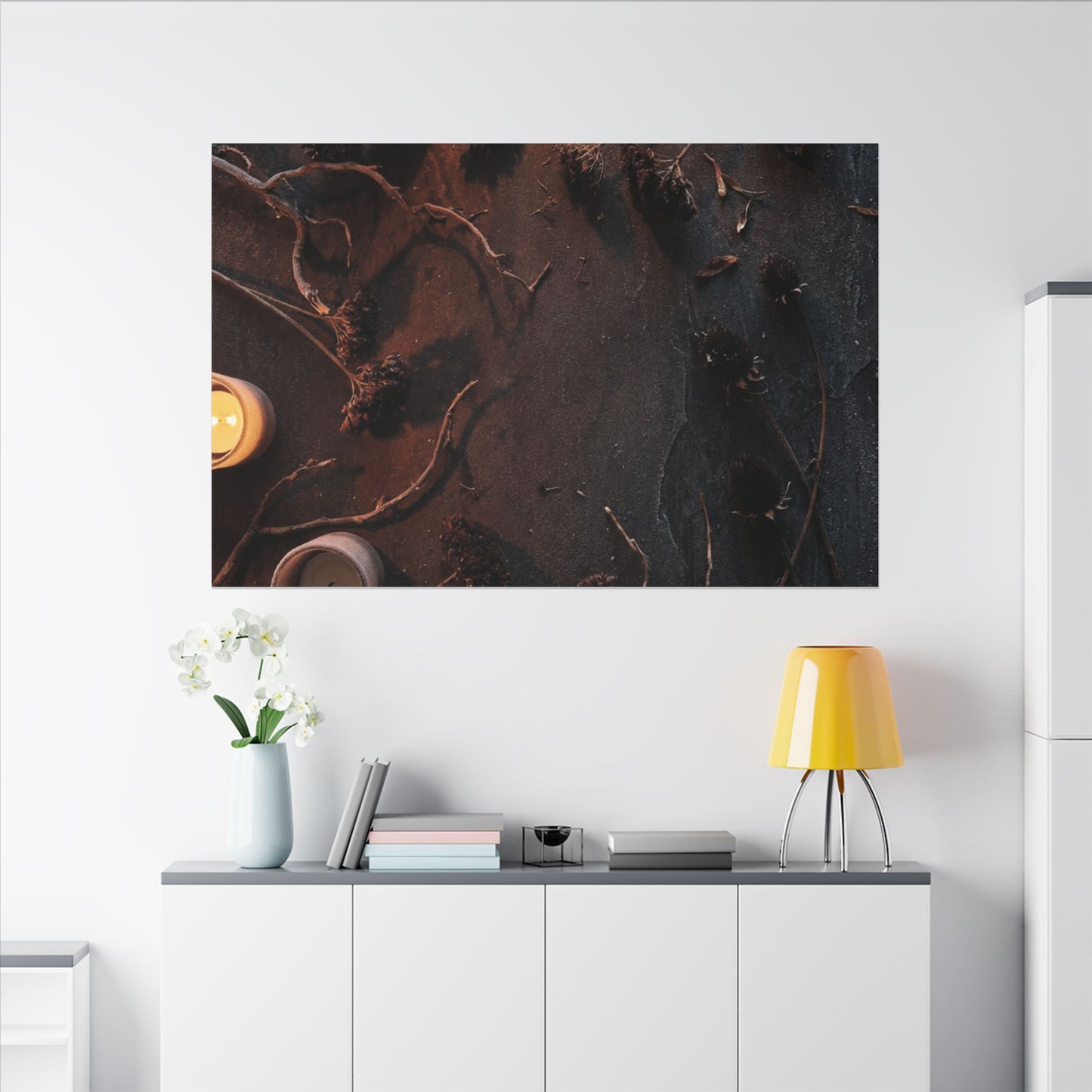 Dried Flowers Canvas Art | Winter Dark Japandi Moody Minimal Art