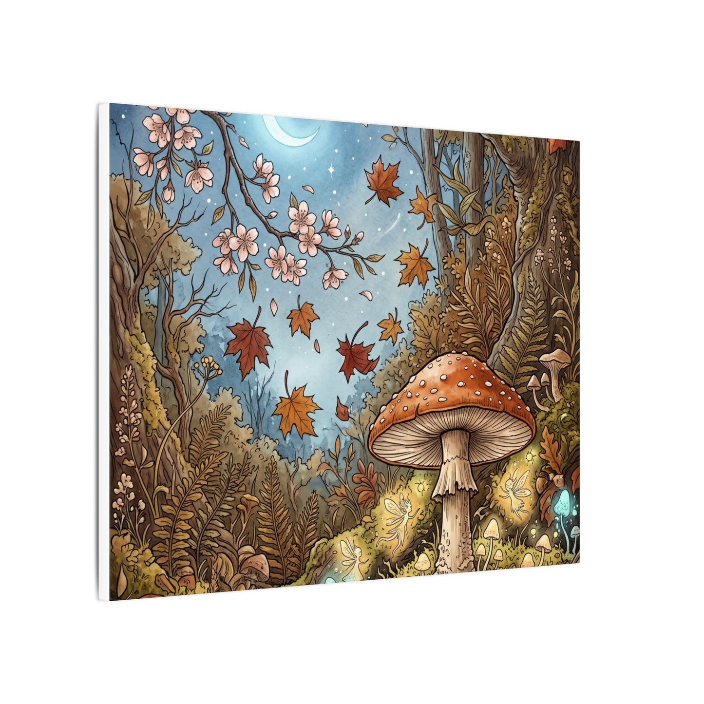 Autumn Cherry Blossom Mushroom Illustration Canvas Art | Enchanting Decor