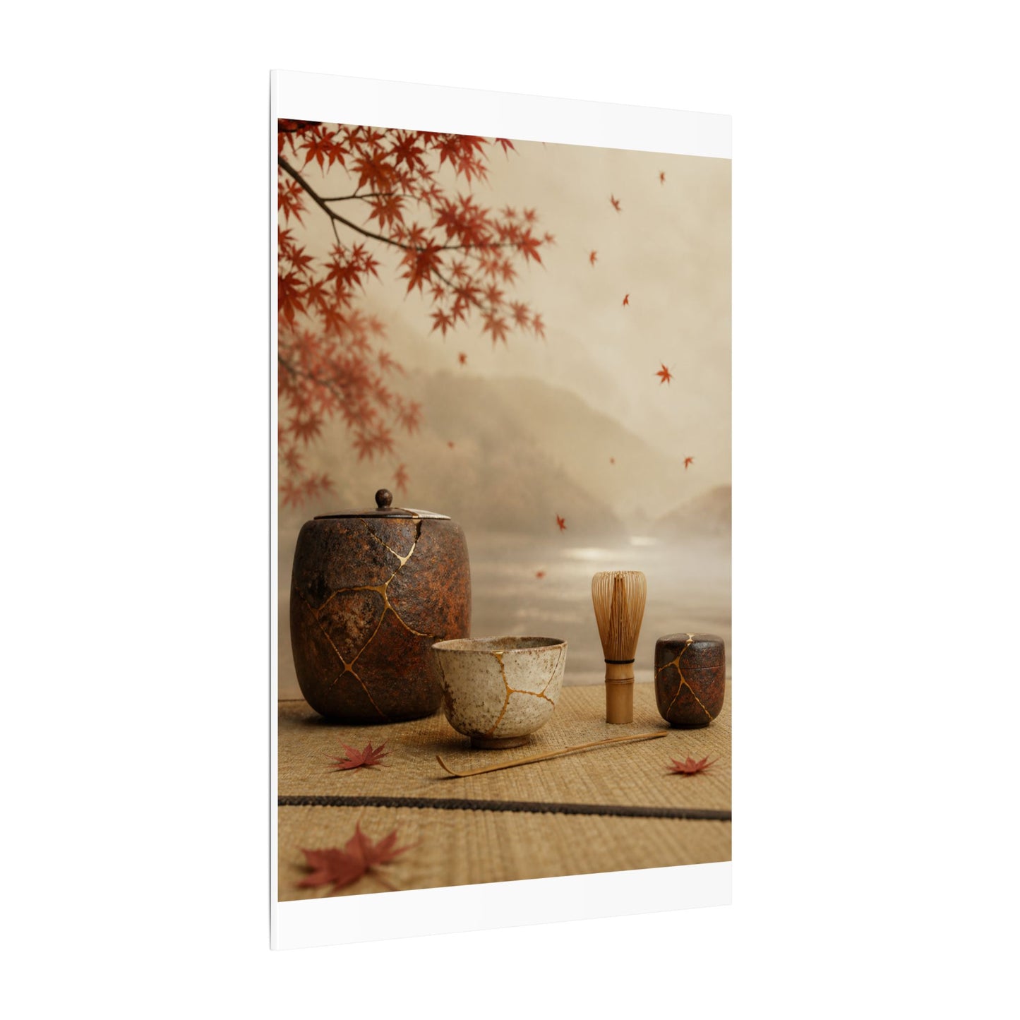 Tea Ceremony Canvas Art | Autumn Kintsugi Gold Vein Art