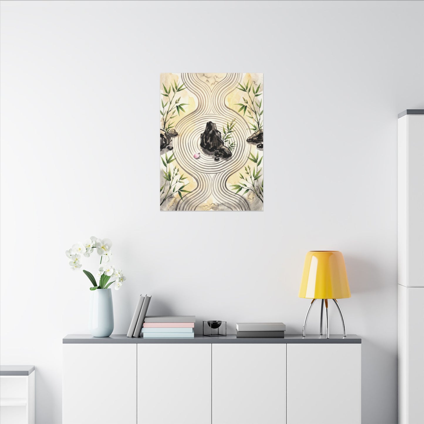 Zen Rock Garden in Golden Hour | Sumi E Canvas Art