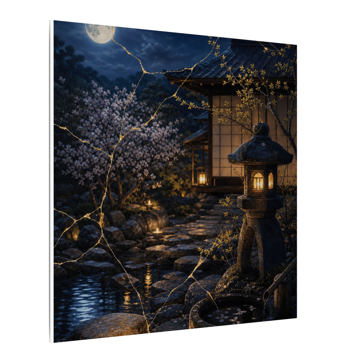 Seijaku Moonlit Garden Canvas Art - Kintsugi Gold Vein
