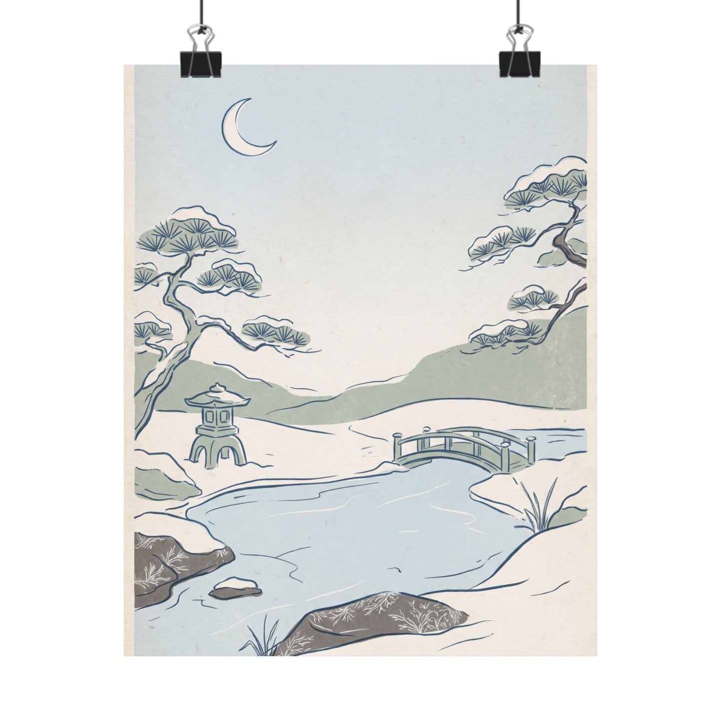 Moonlit Garden Minimal Line Wall Art Print | Neutral Japandi Art