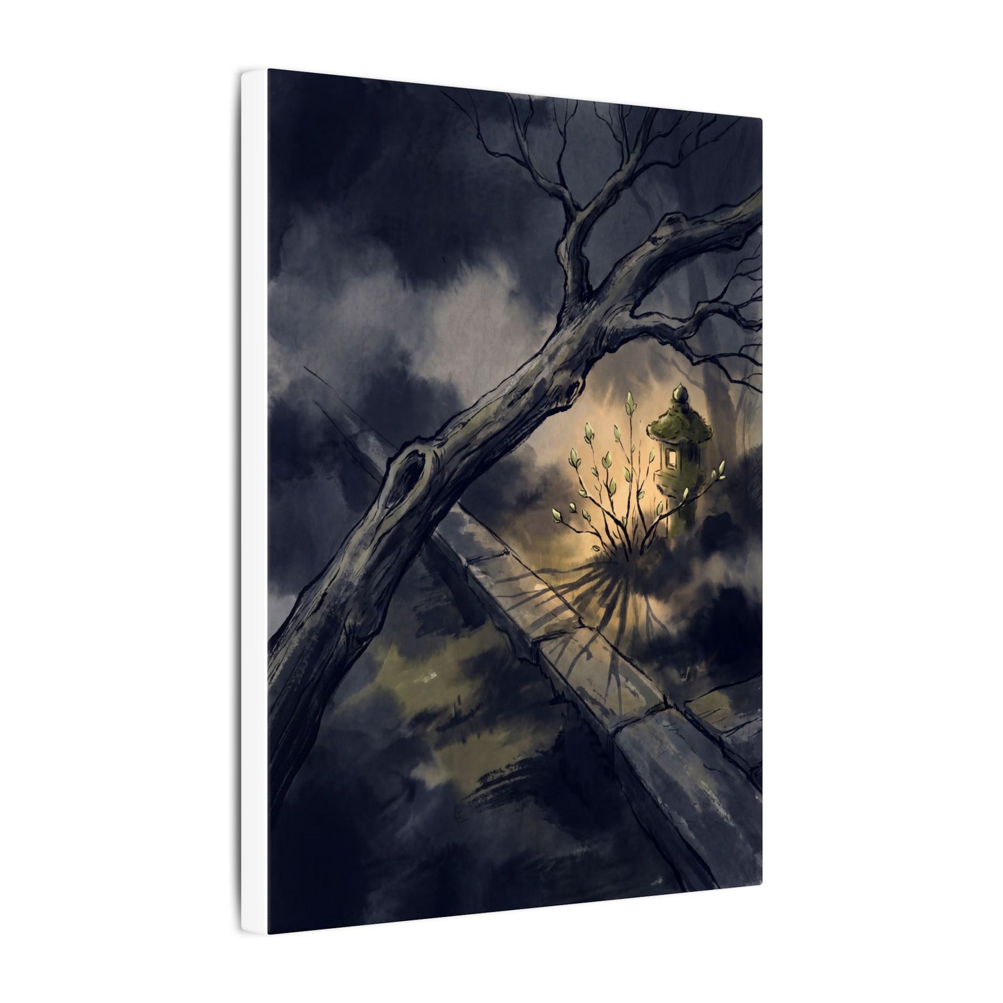 Dark Japandi Moonlit Garden in Golden Hour | Charcoal Ink Canvas Art