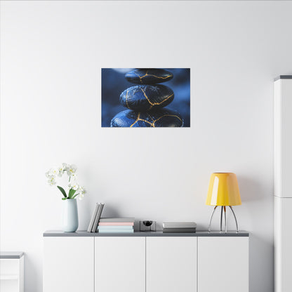 River Stones Canvas Art | Winter Kintsugi Gold Repair Art