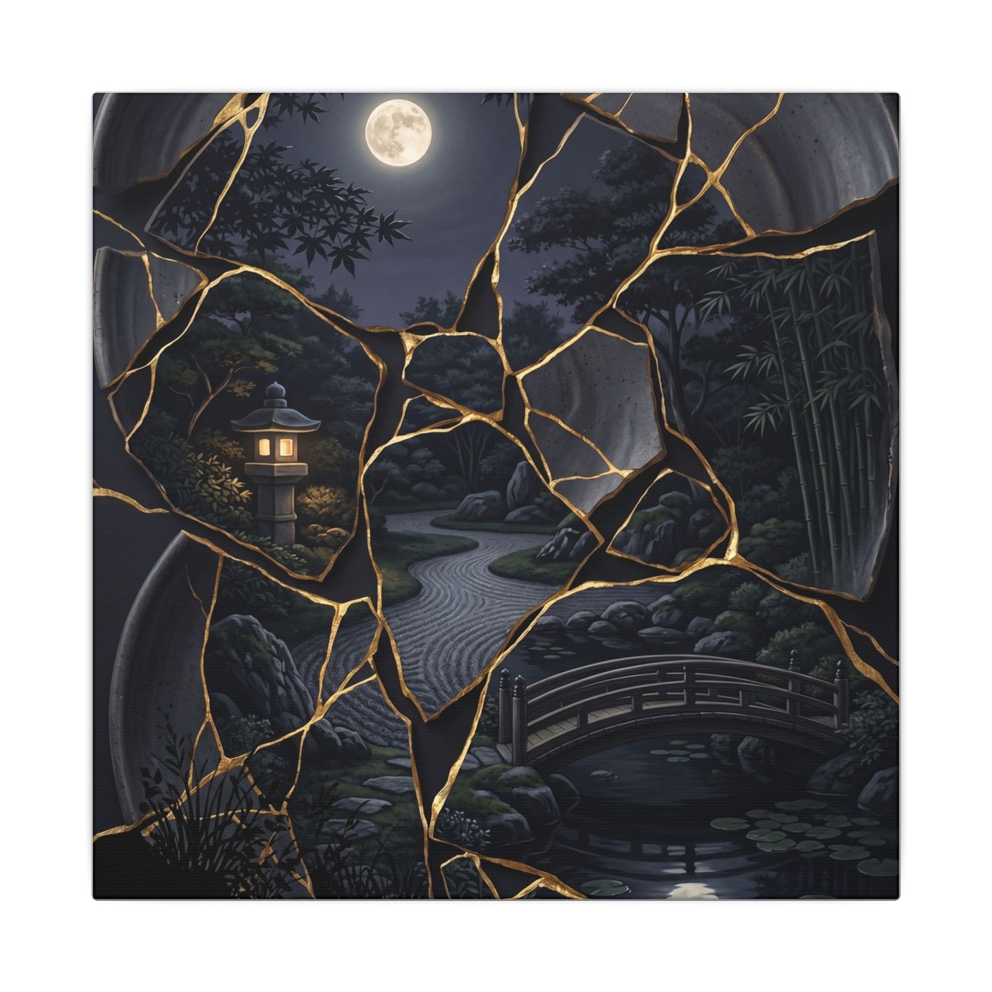 Kintsugi Moonlit Garden in Golden Hour | Gold Repair Canvas Art