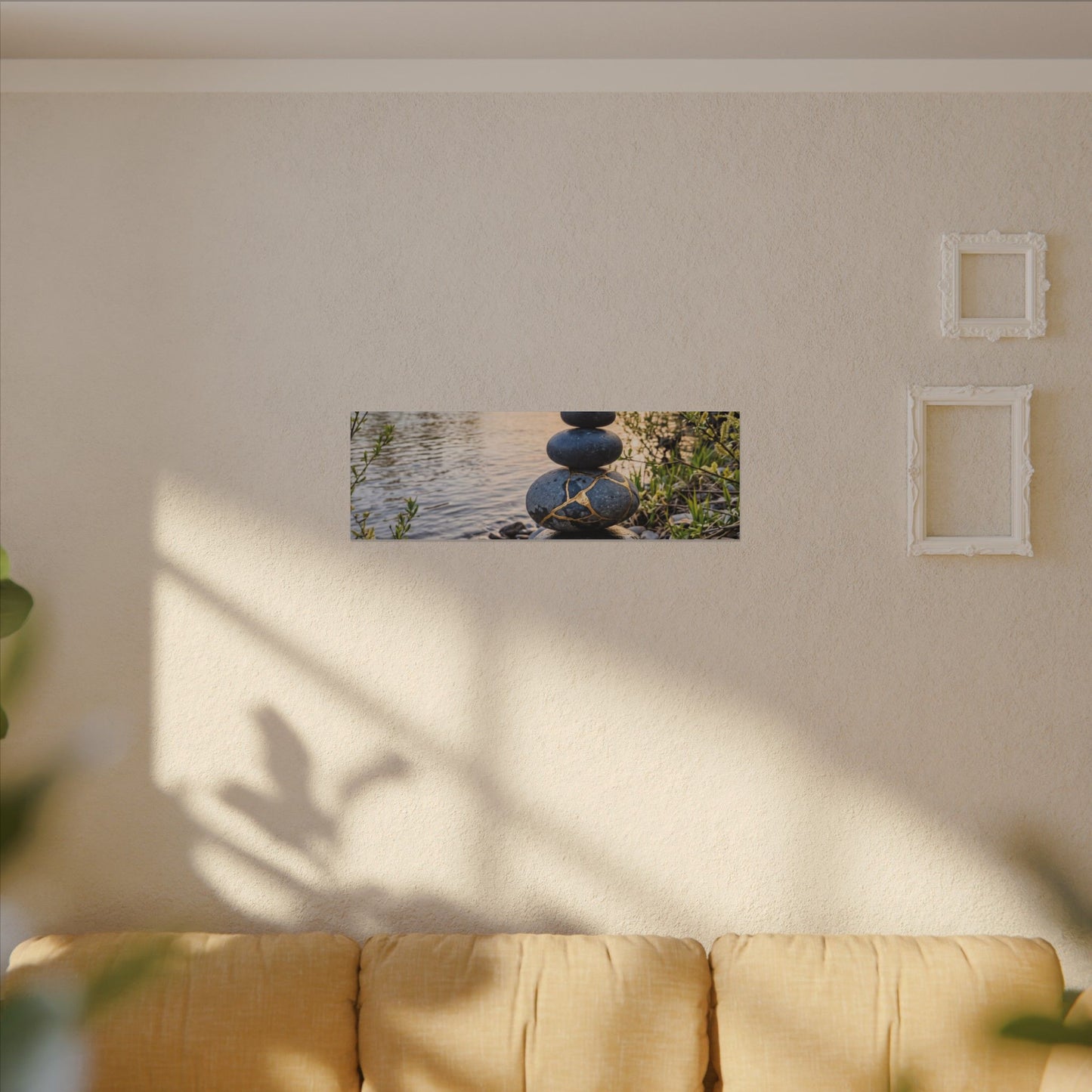 Kintsugi River Stones in Golden Hour | Gold Vein Canvas Art